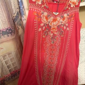 Johnny Was Coral Calida Yoke Tank Embroidered Tunic Dress